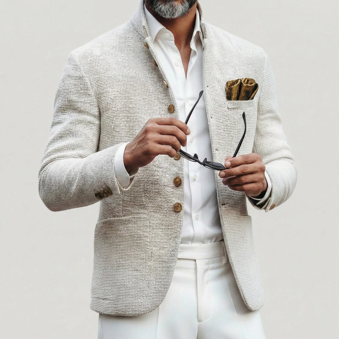 Cameron | Men's Blazer Jacket White Stand Collar Textured