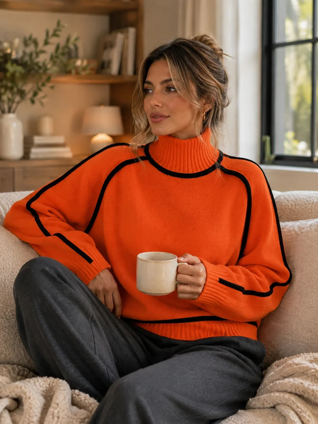 Ella | Women's Contrast Trim Oversized Turtleneck Sweater