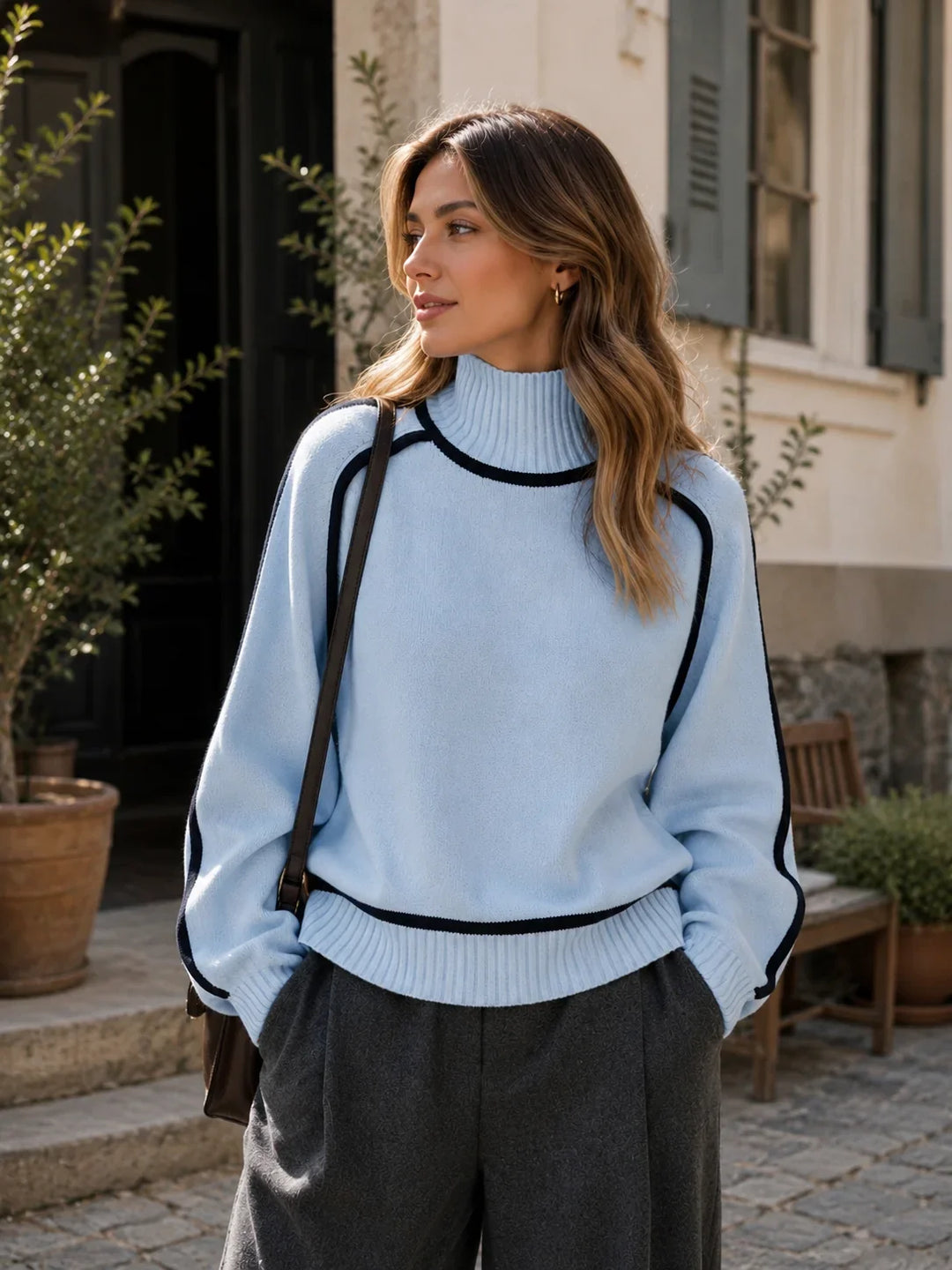 Ella | Women's Contrast Trim Oversized Turtleneck Sweater