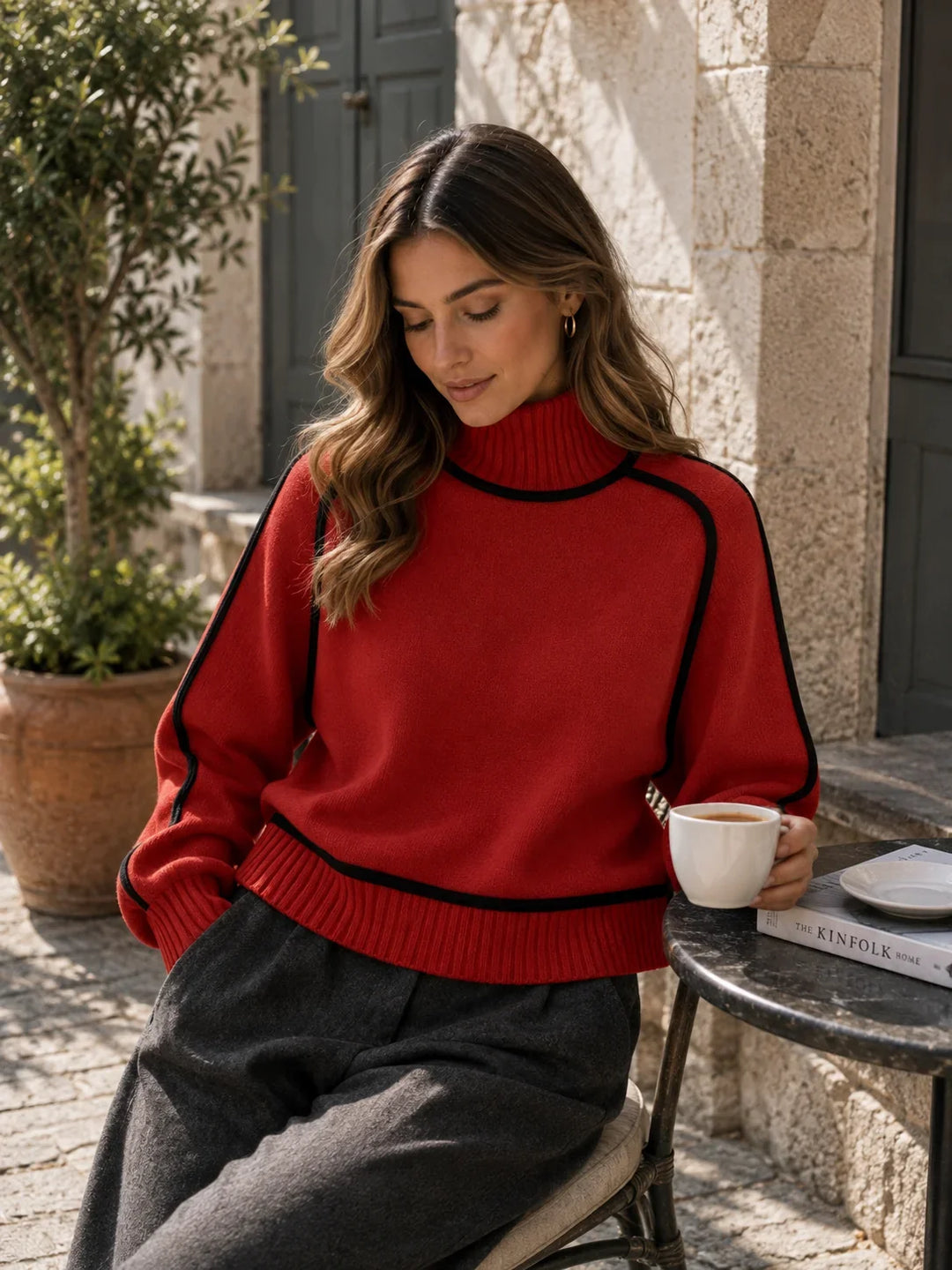 Ella | Women's Contrast Trim Oversized Turtleneck Sweater