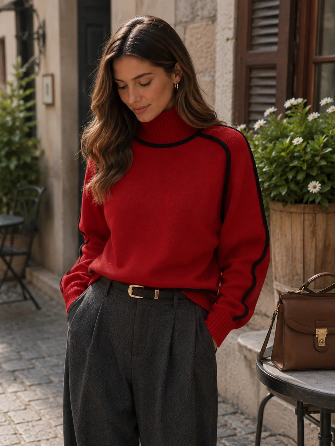 Ella | Women's Contrast Trim Oversized Turtleneck Sweater