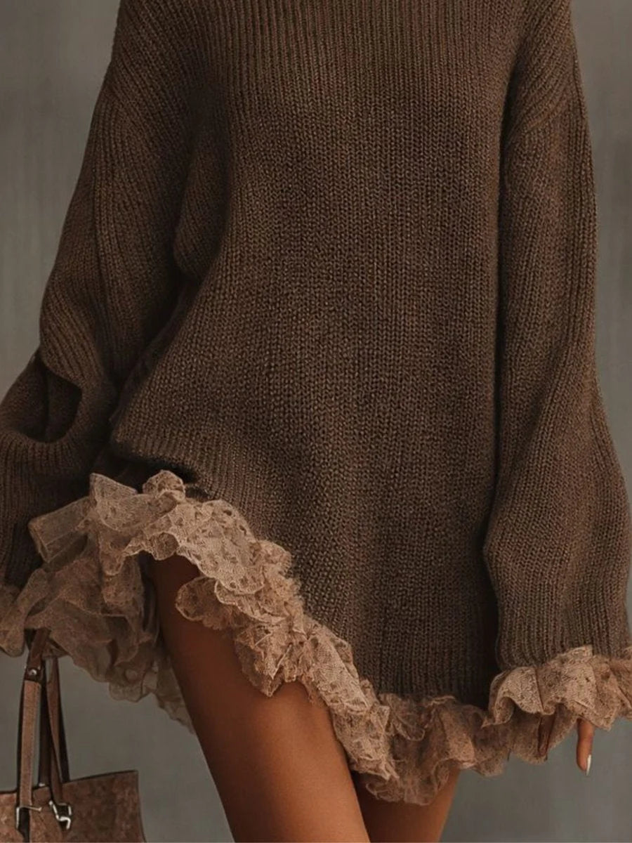Fleur | Women's Turtleneck Sweater Dress Lace Hem