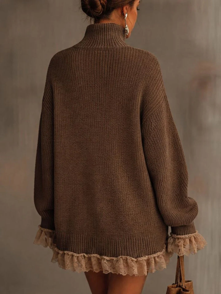 Fleur | Women's Turtleneck Sweater Dress Lace Hem