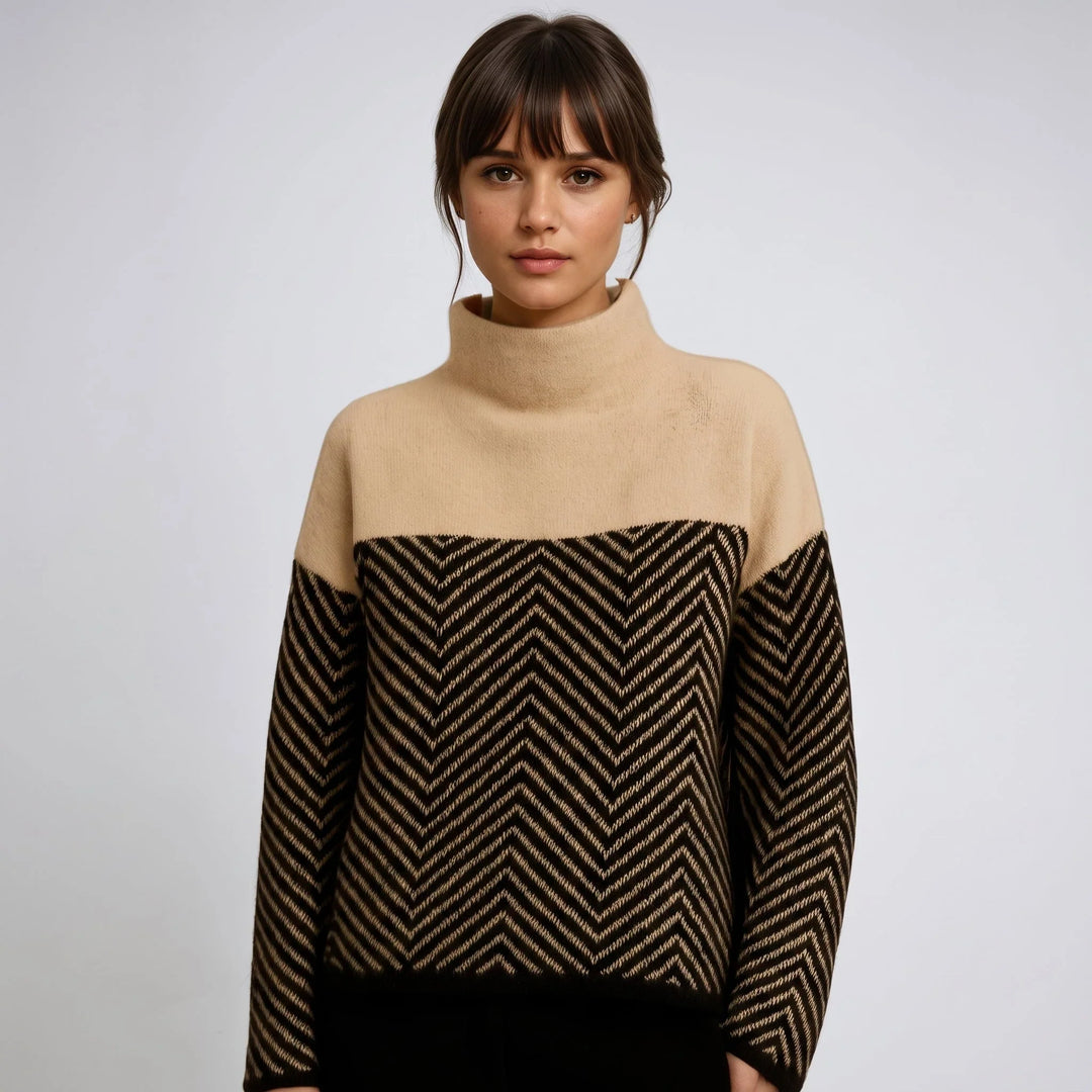 Freya | Women's Mock Neck Sweater Chevron Knit Color Block