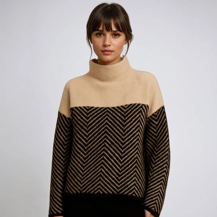 Freya | Women's Mock Neck Sweater Chevron Knit Color Block