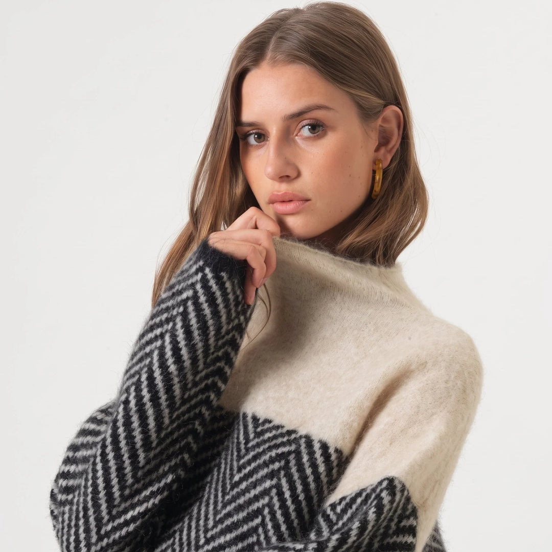 Freya | Women's Mock Neck Sweater Chevron Knit Color Block