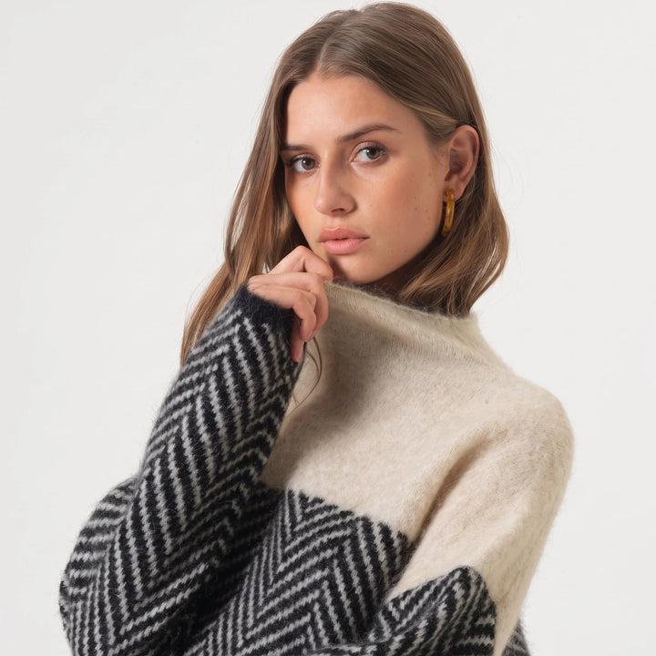 Freya | Women's Mock Neck Sweater Chevron Knit Color Block