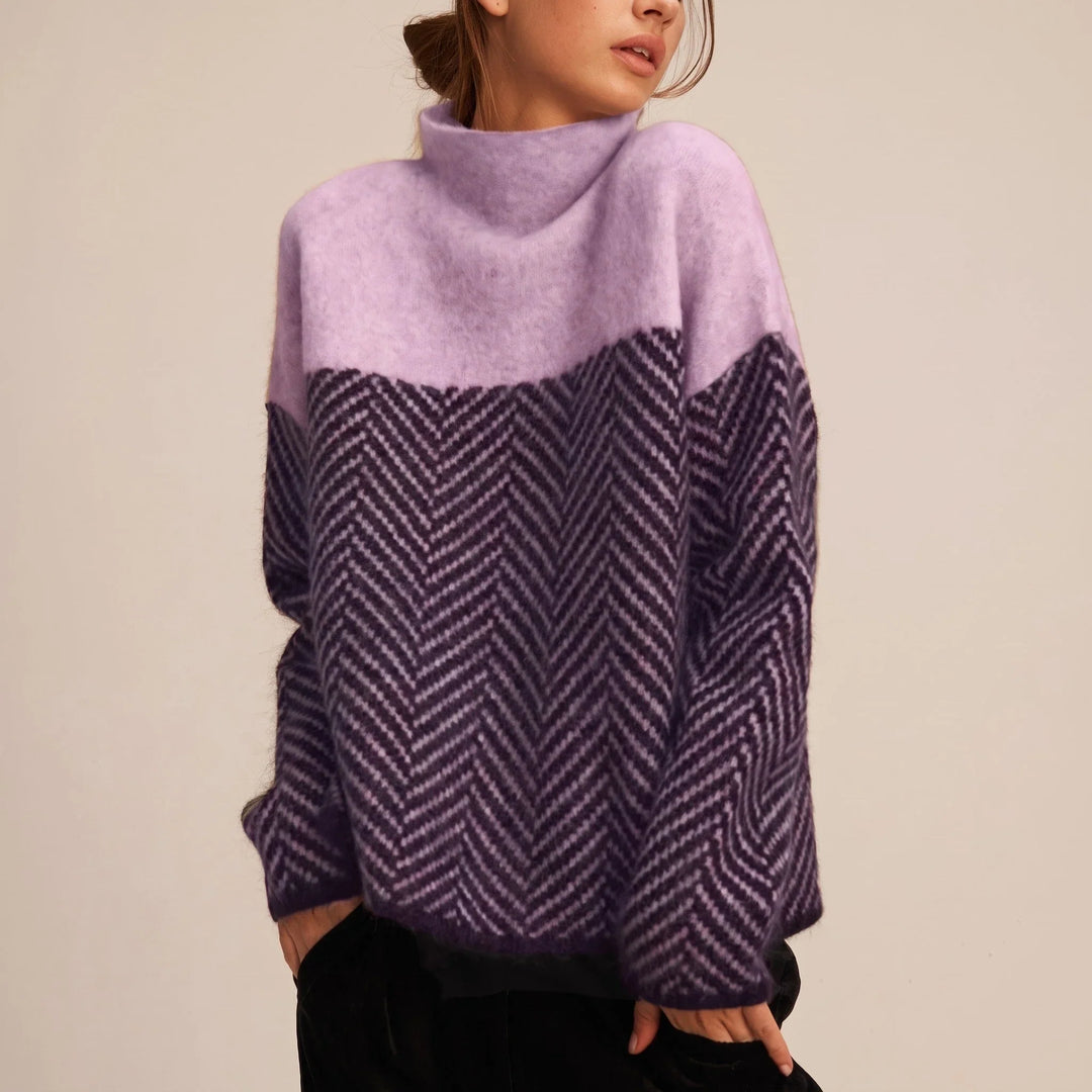 Freya | Women's Mock Neck Sweater Chevron Knit Color Block