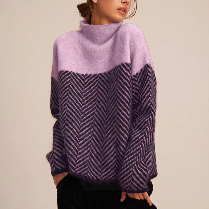 Freya | Women's Mock Neck Sweater Chevron Knit Color Block