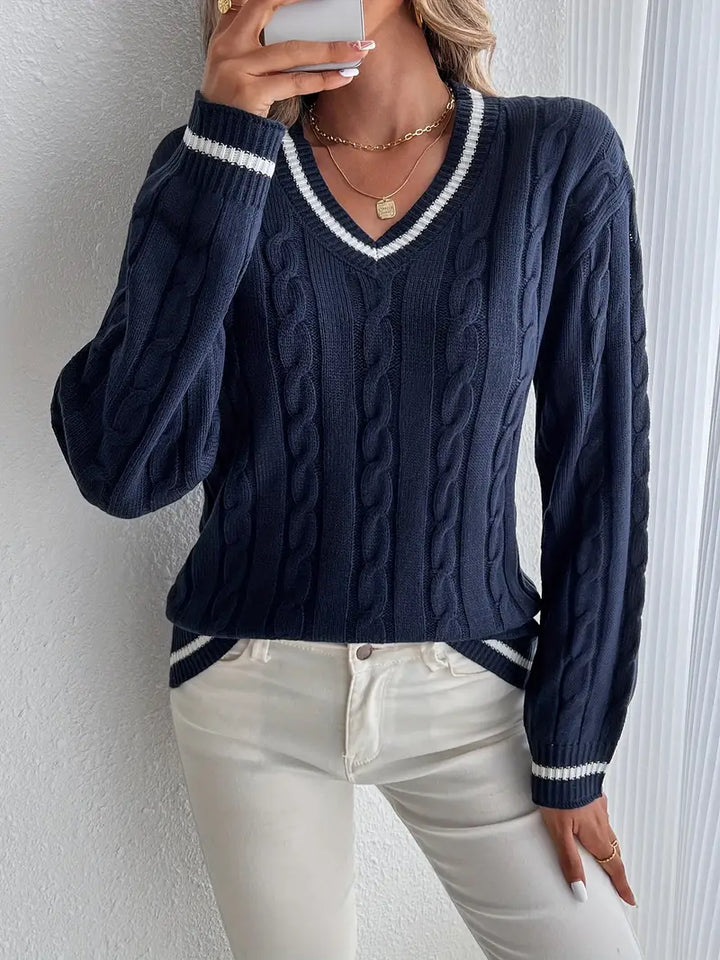 Hannah | Women's Navy Cable Knit V Neck Cricket Sweater