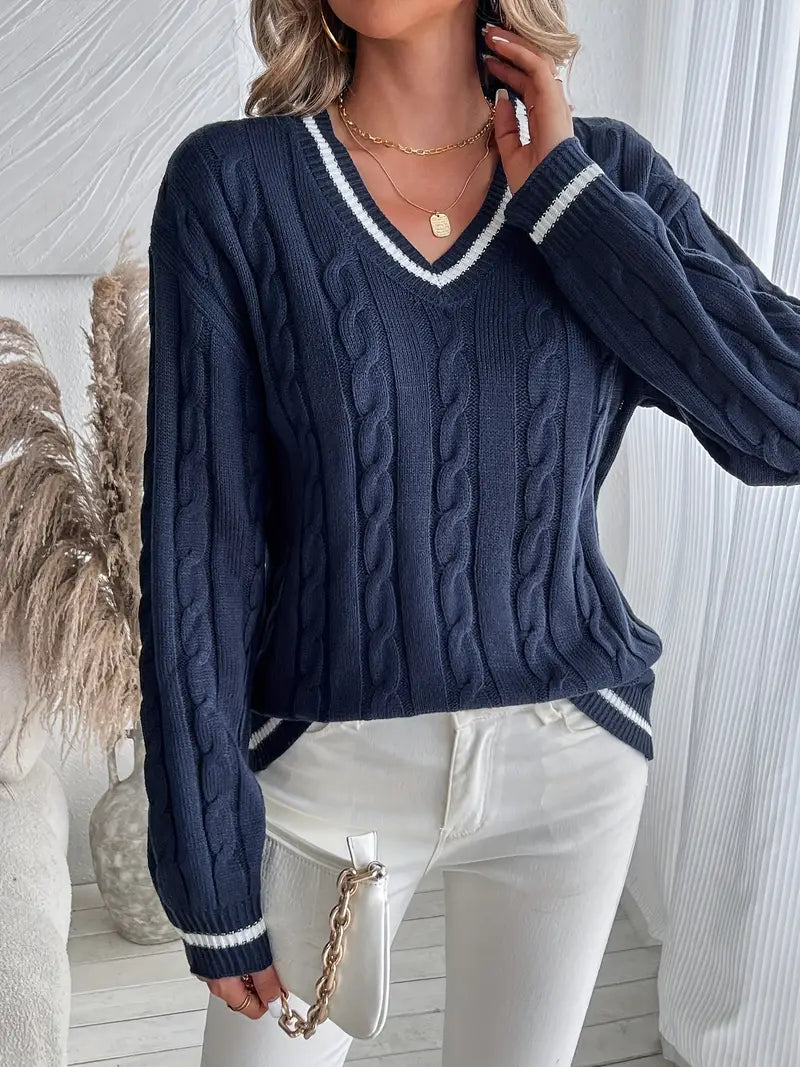 Hannah | Women's Navy Cable Knit V Neck Cricket Sweater
