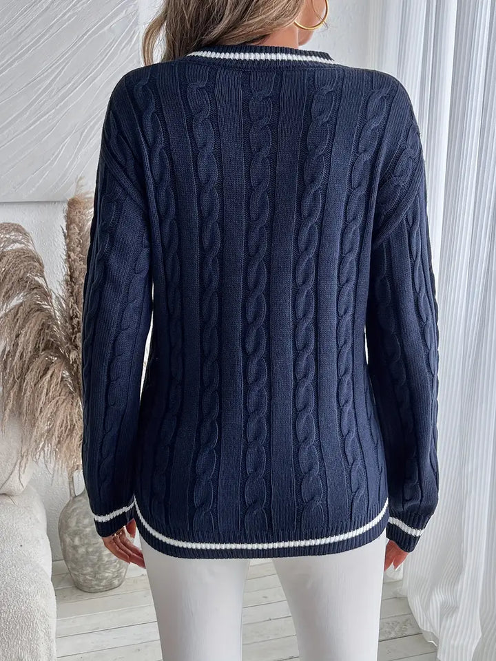 Hannah | Women's Navy Cable Knit V Neck Cricket Sweater