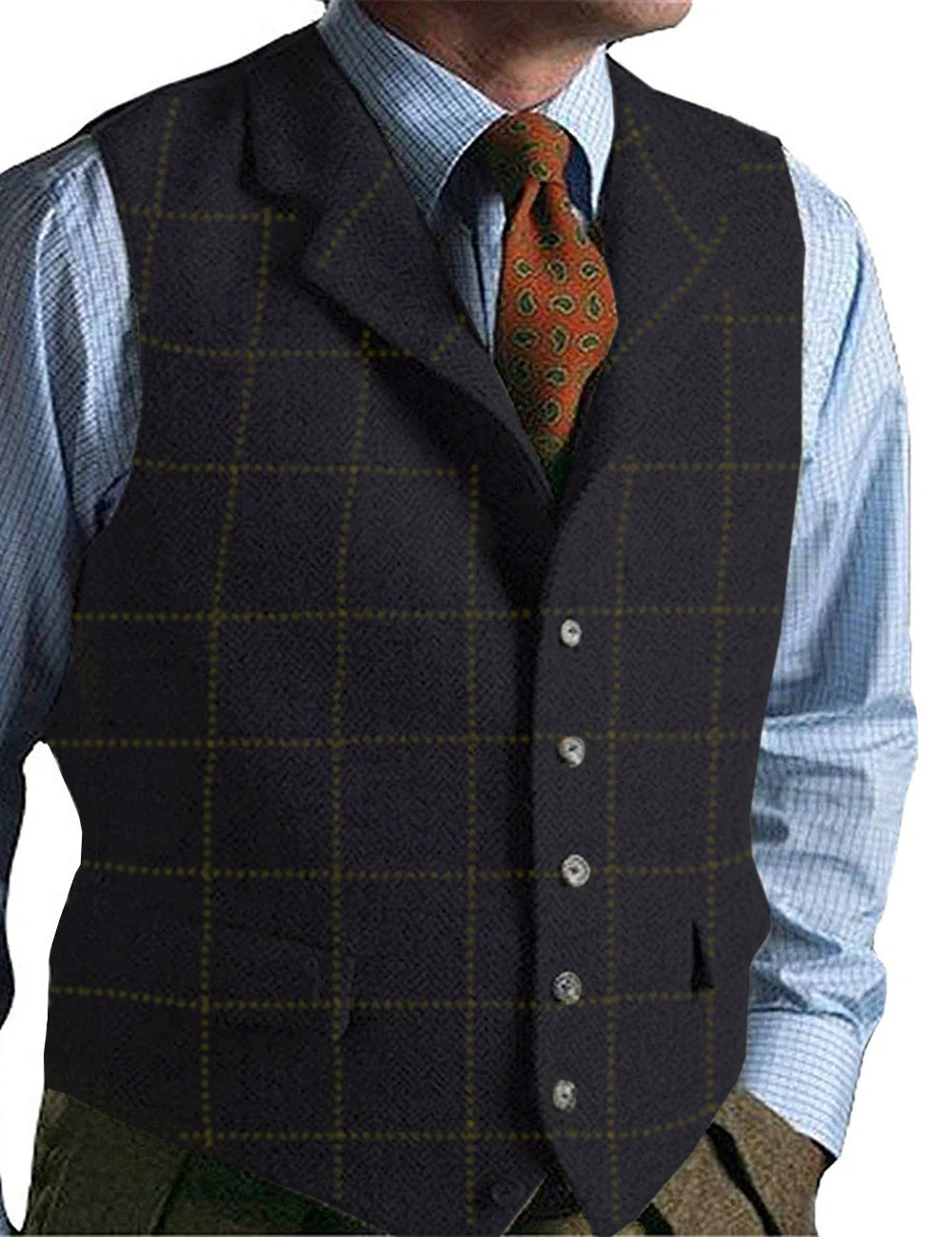 Isaac | Men's Dress Vest Herringbone Plaid Notch Lapel
