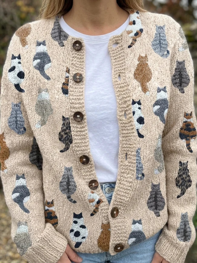 Jackie | Women's Cat Print Crew Neck Button Up Cardigan