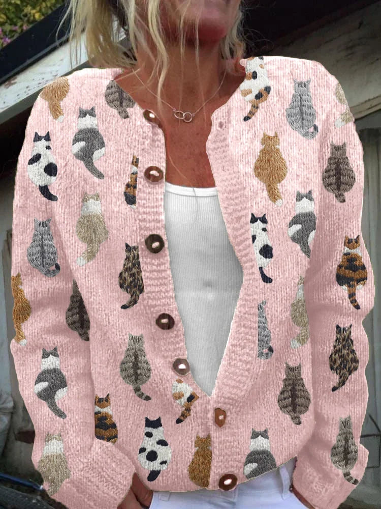 Jackie | Women's Cat Print Crew Neck Button Up Cardigan