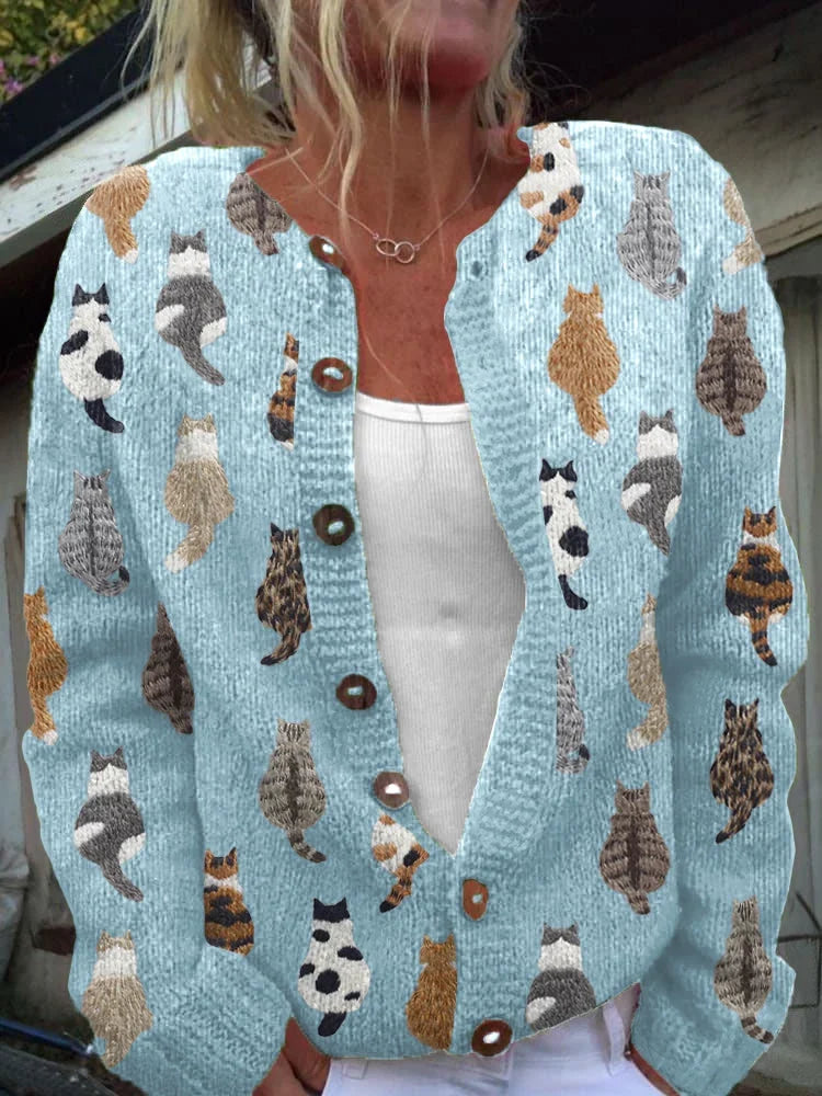 Jackie | Women's Cat Print Crew Neck Button Up Cardigan