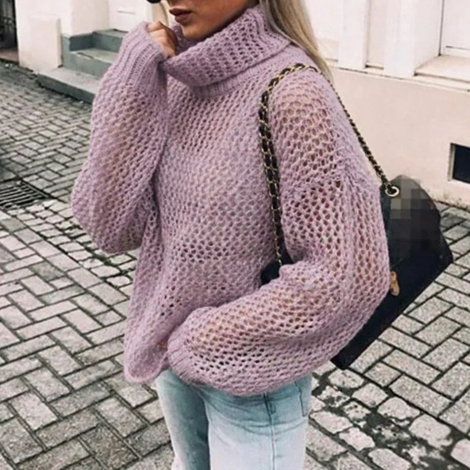Kate | Women's Open Knit Jumper Chunky Turtleneck Sweater