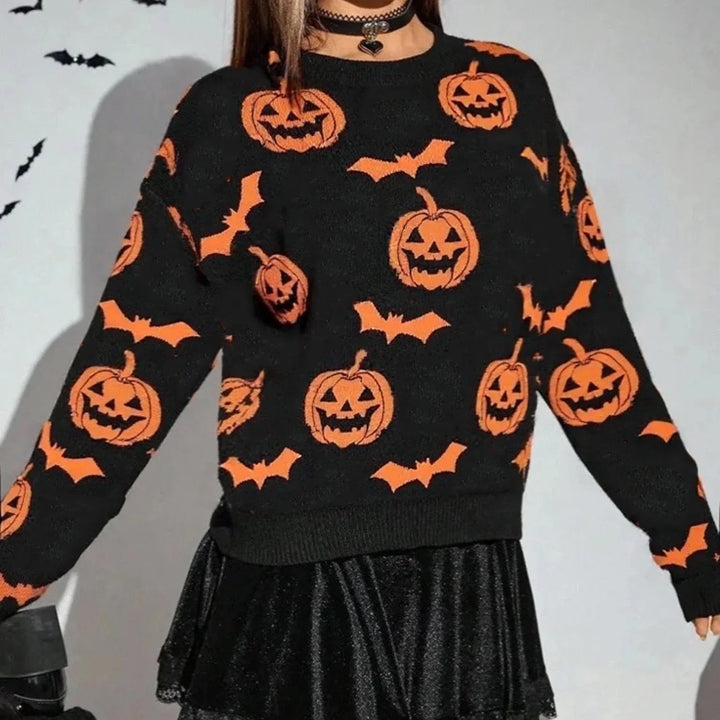 Lupita | Women's Bat Print Halloween Pumpkin Sweater