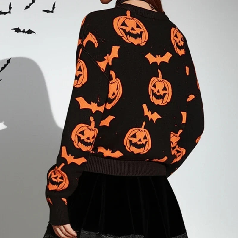 Lupita | Women's Bat Print Halloween Pumpkin Sweater