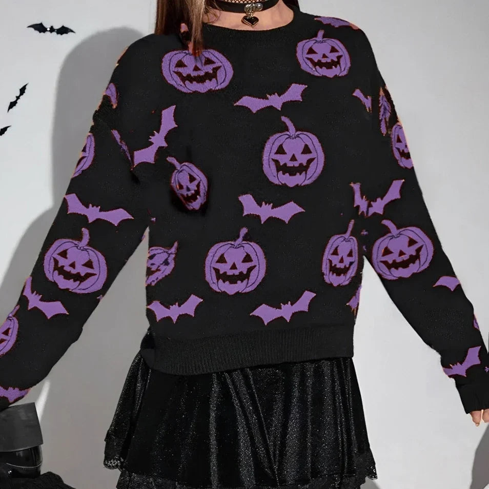 Lupita | Women's Bat Print Halloween Pumpkin Sweater