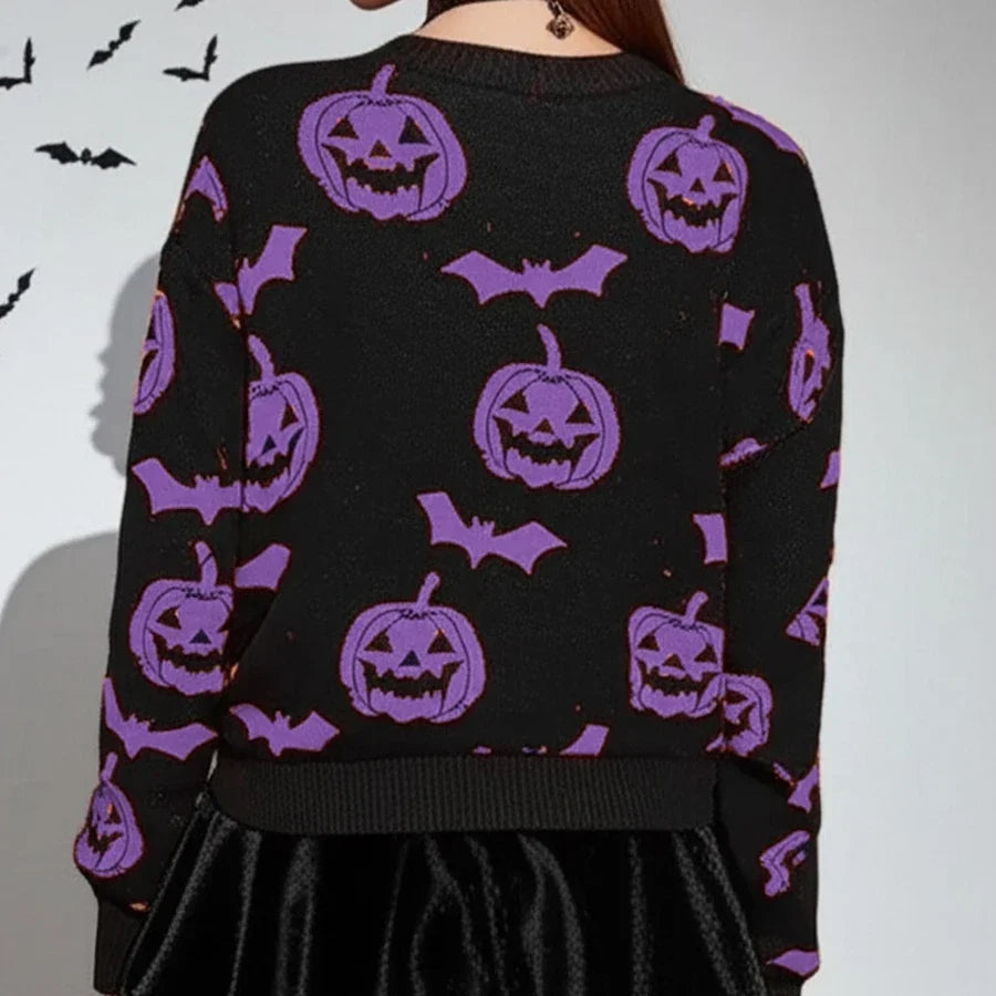 Lupita | Women's Bat Print Halloween Pumpkin Sweater