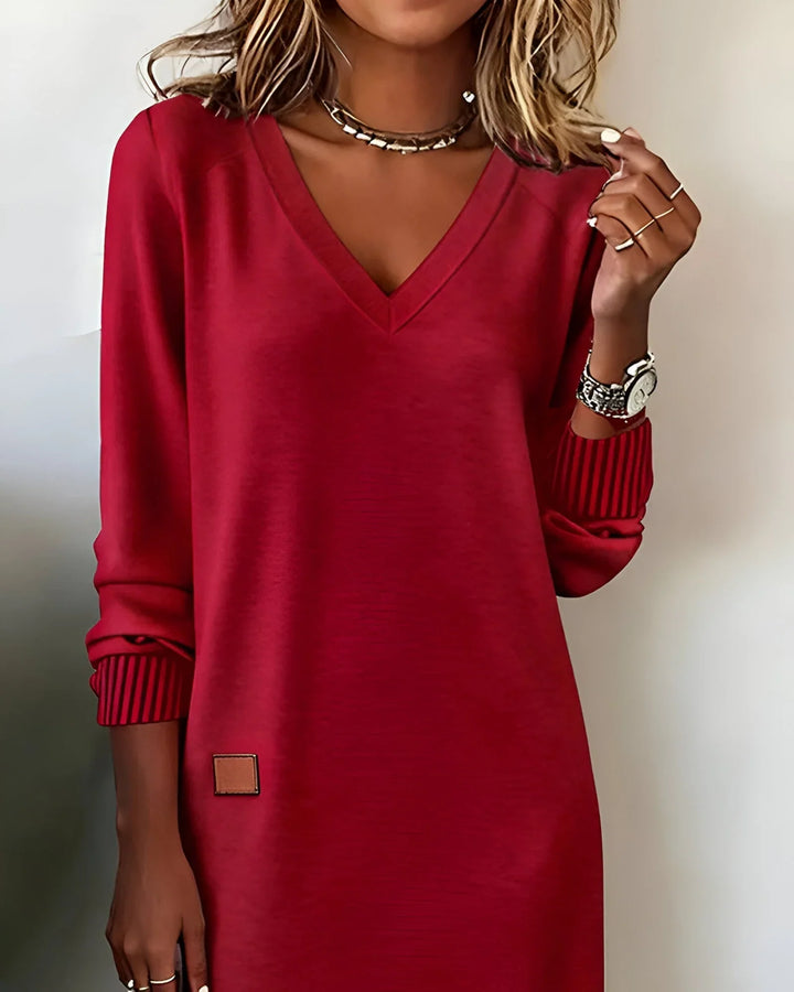 Nora | Women's V Neck Midi Sweater Dress Long Sleeve Dress