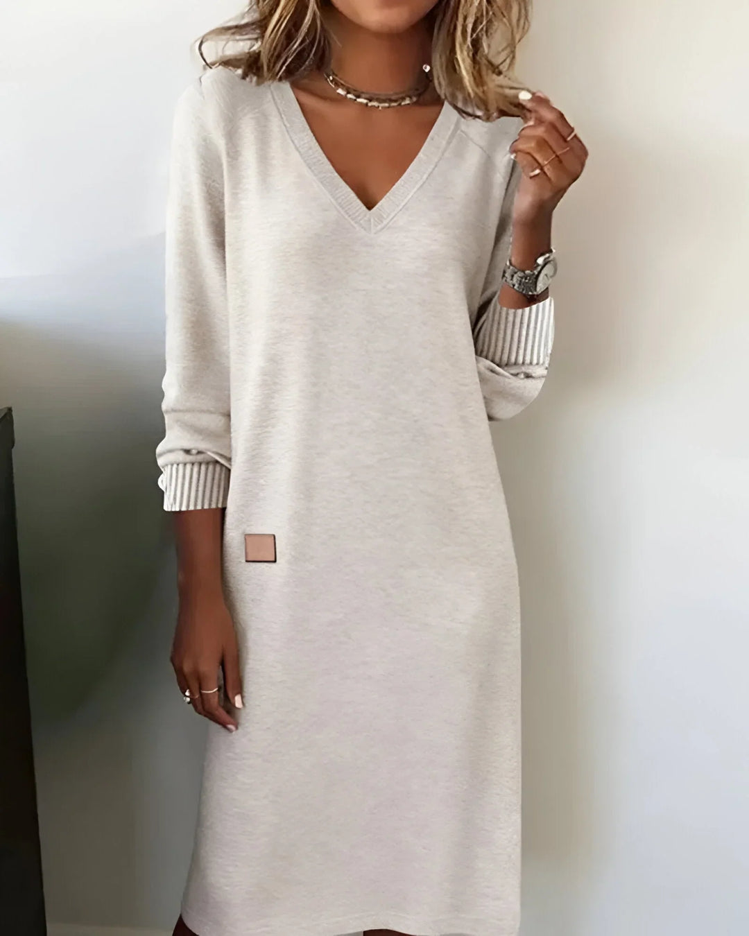 Nora | Women's V Neck Midi Sweater Dress Long Sleeve Dress