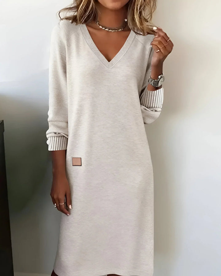 Nora | Women's V Neck Midi Sweater Dress Long Sleeve Dress