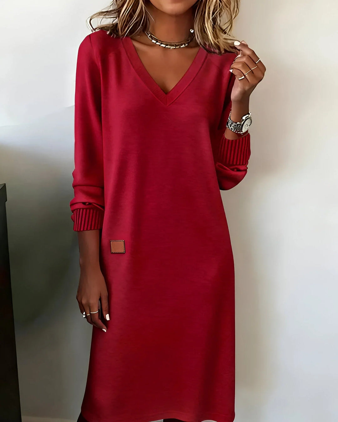 Nora | Women's V Neck Midi Sweater Dress Long Sleeve Dress