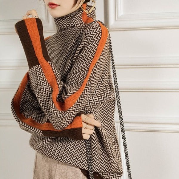 Sara | Women's Chevron Turtleneck Color Block Sweater