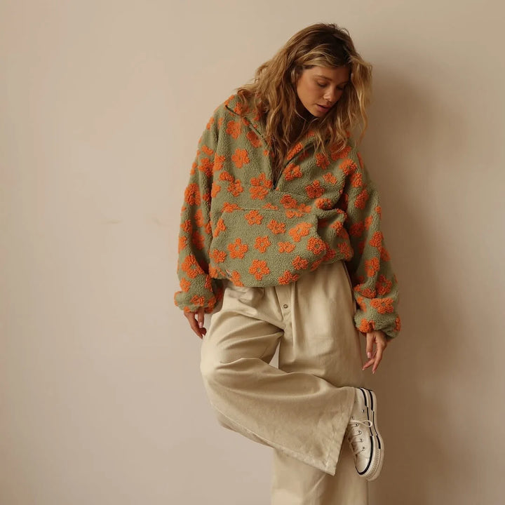 Sofia | Women's Floral Sherpa Pullover Half Zip Fleece