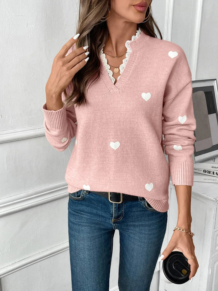 Uma | Women's Heart Sweater Scalloped V Neck Sweater