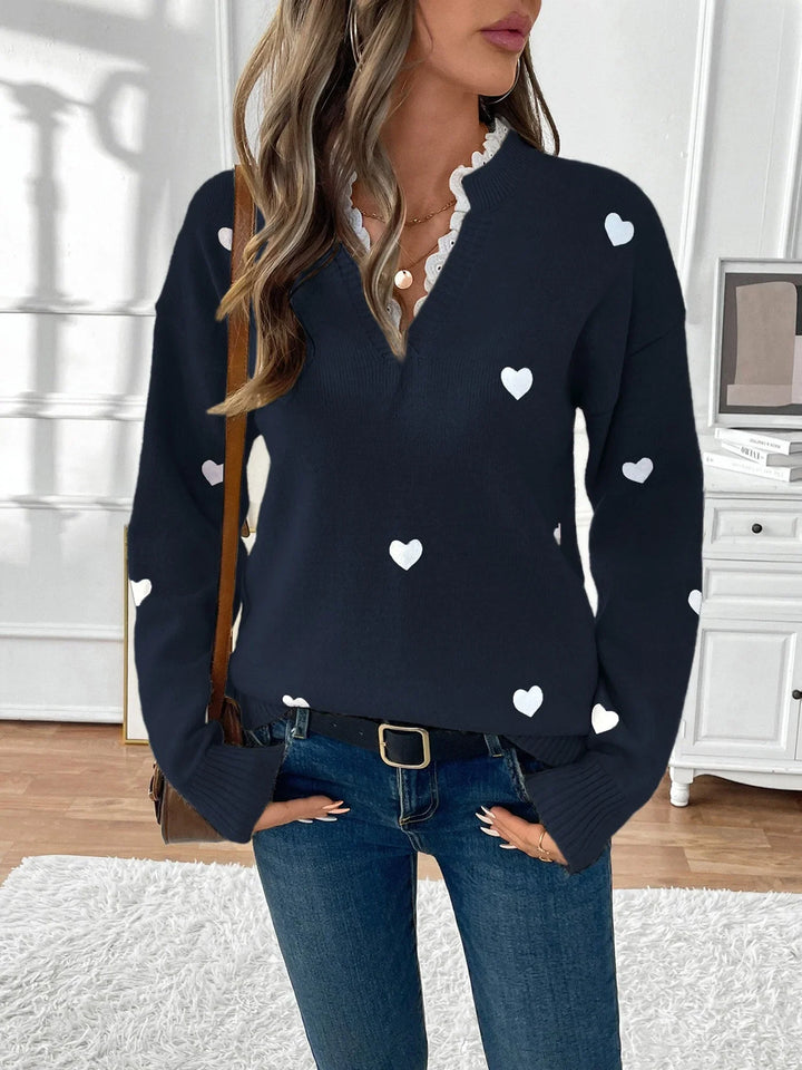 Uma | Women's Heart Sweater Scalloped V Neck Sweater