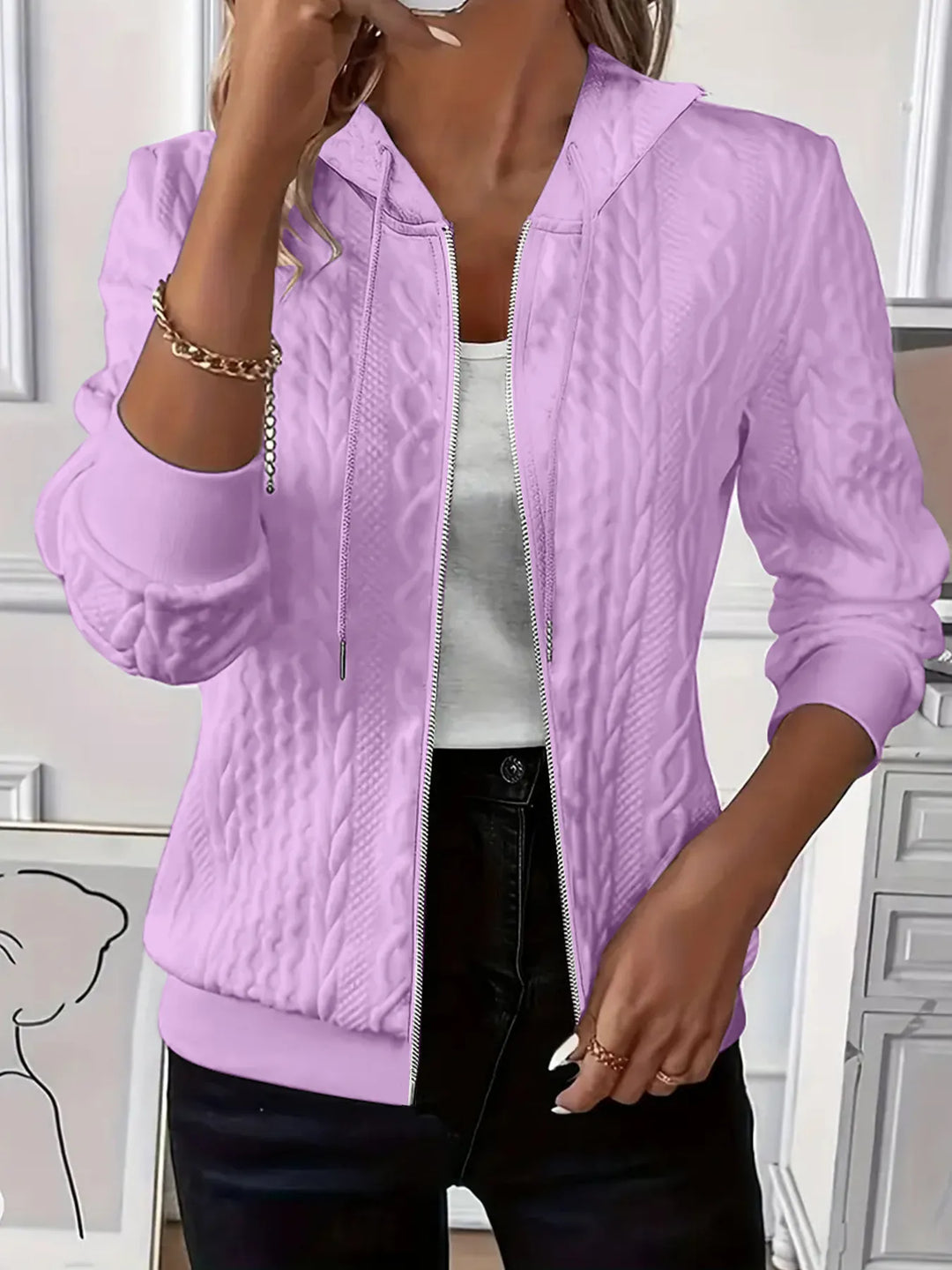 Yasmin | Women's Hooded Jacket Cable Texture Bomber Jacket