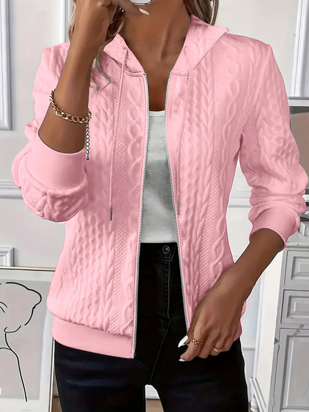 Yasmin | Women's Hooded Jacket Cable Texture Bomber Jacket